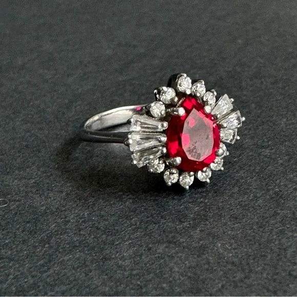 Vintage Faux Ruby Cocktail Ring Sterling Silver Cubic Zirconia Halo Cluster 8